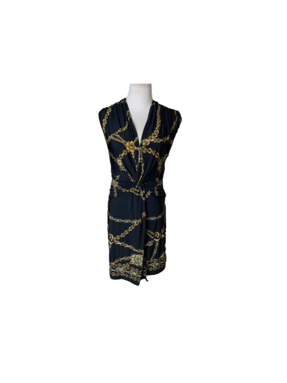Cache Black & Gold Chain Print Sleeveless Faux Wrap Dress Sz M